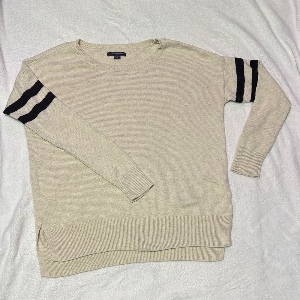 American Eagle Outfitters Beige Sweater with Black Stripes